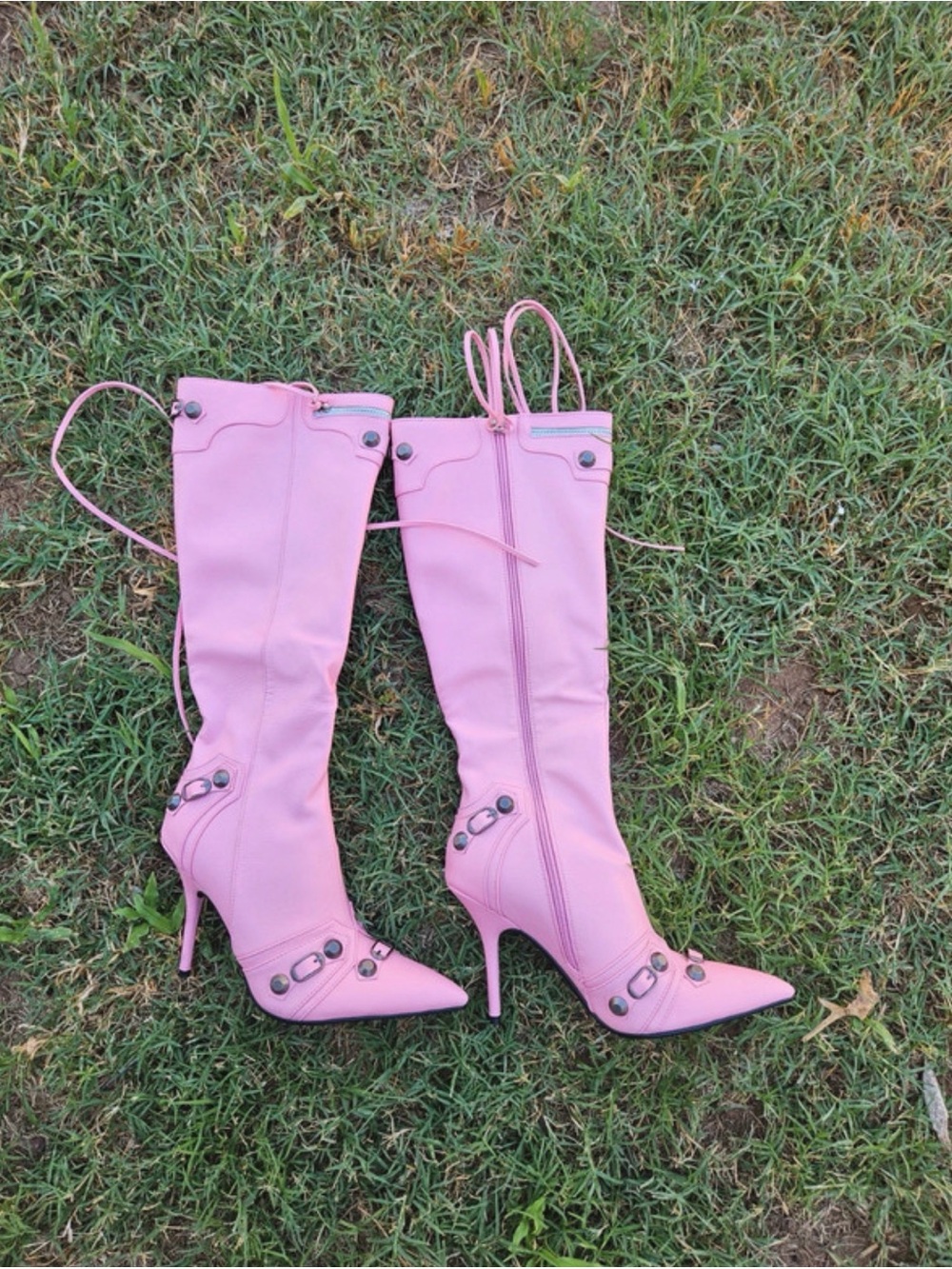 Pink Pointed-Toe Knee-High Stiletto Boots with Stud Detail